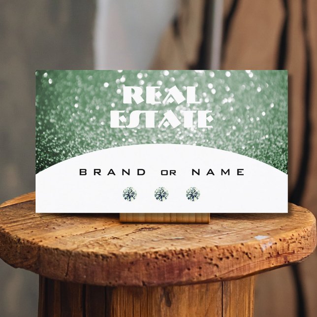 Elegant White and Green Sparkle Glitter Diamonds Business Card (Creator Uploaded)