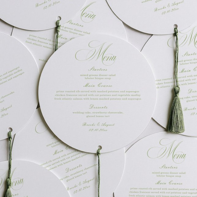 Elegant White and Green Wedding Menu Circle Card (Creator Uploaded)
