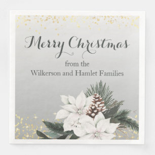 Elegant White and Green Winter Floral Christmas Napkin