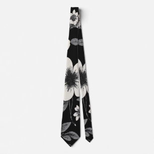 Elegant White and Grey Floral on Black Tie