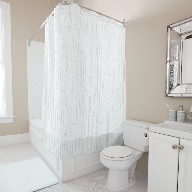 Elegant White and Grey Wood Grain Shower Curtain (In Situ)