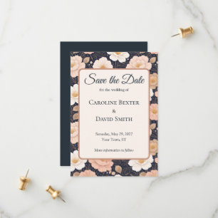 Elegant White and Muted Pink Flowers on Dark Navy Save The Date