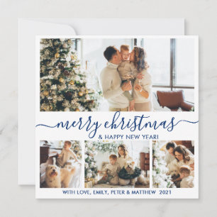Elegant White and Navy 4 Photo Collage Christmas Holiday Card