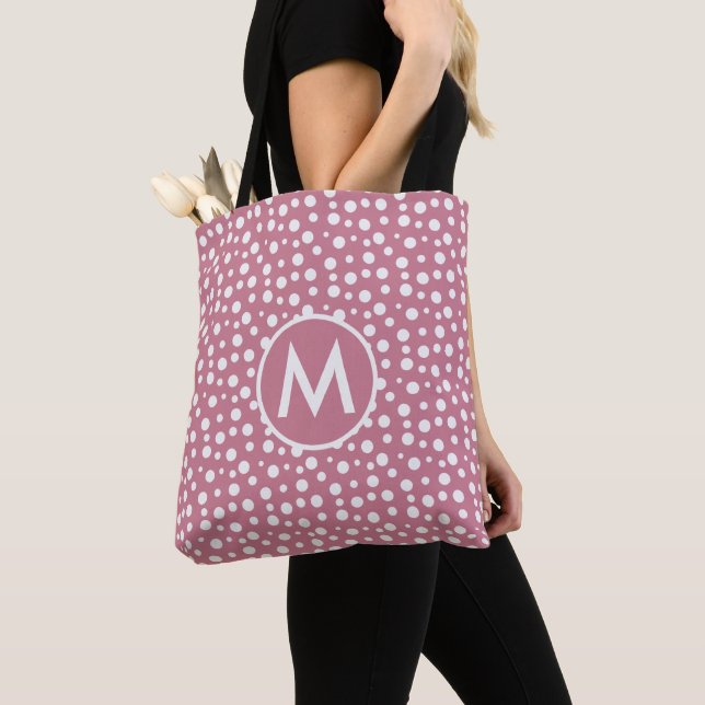 Elegant White And Pink Polka Dot Pattern Monogram Tote Bag (Close Up)
