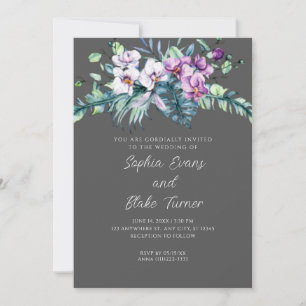 Elegant White and Purple Floral Grey Wedding Invitation