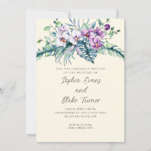 Elegant White and Purple Floral Yellow Wedding Invitation
