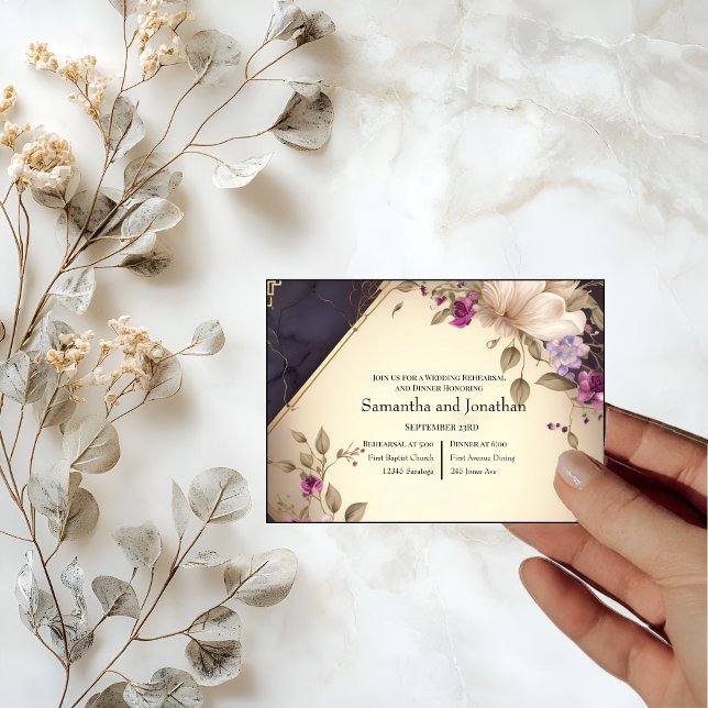 Elegant White and Purple Flowers Marble Rehearsal  Invitation (Creator Uploaded)
