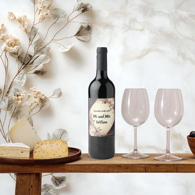  Elegant White and Purple Flowers on Marble Wine Wine Label (Creator Uploaded)