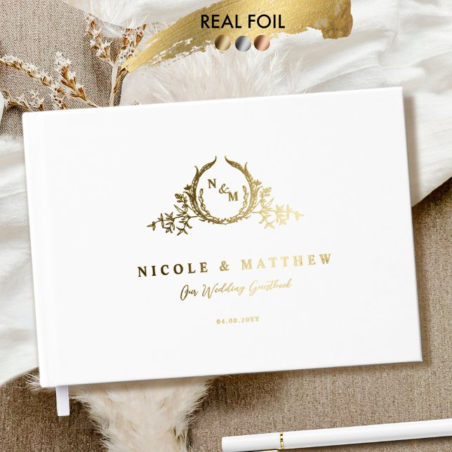 Elegant White and Real Foil Monogram Wedding Guest Book (Creator Uploaded)