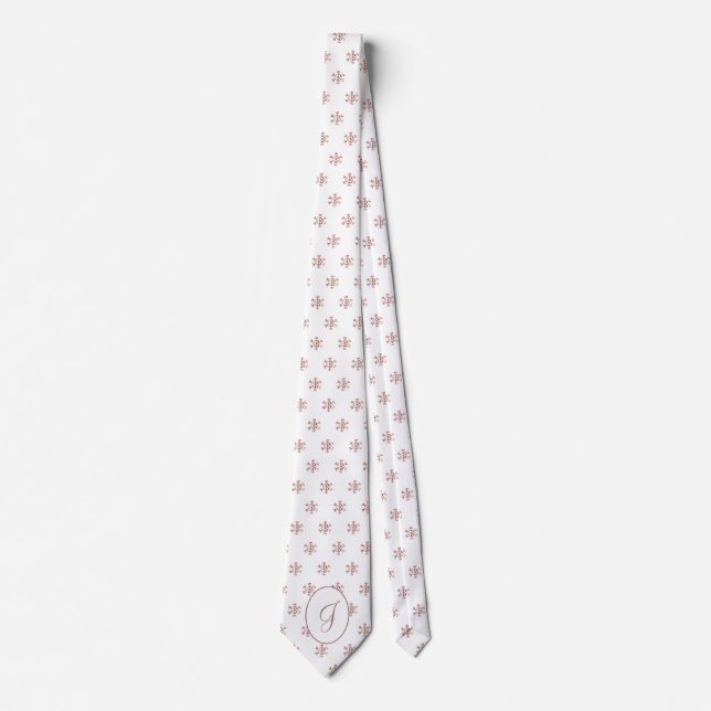 Elegant White and Rose Gold Snowflakes Monogrammed Tie (Front)