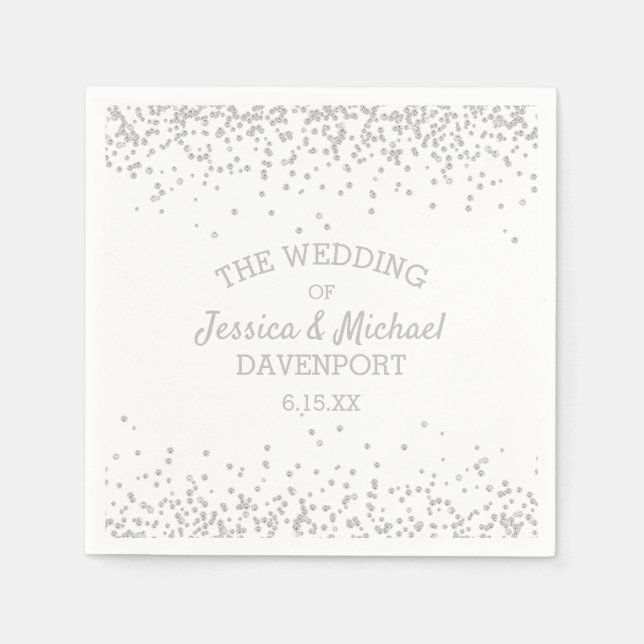 Elegant White and Silver Glitter Wedding Reception Napkin (Front)