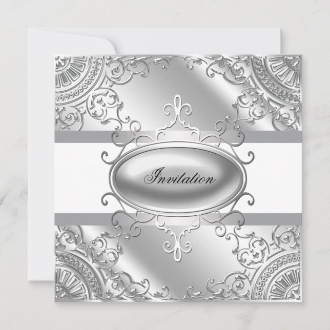 Elegant White and Silver Party Invitation Template (Front)
