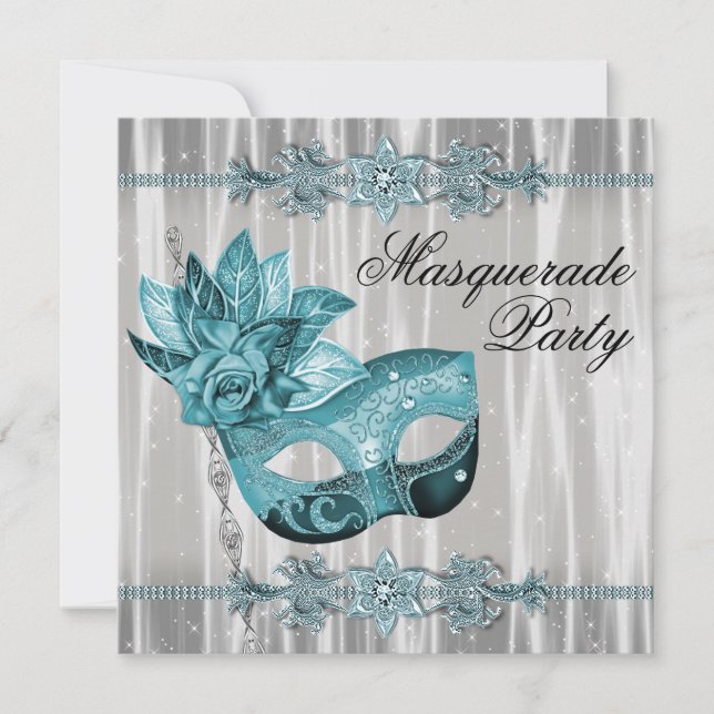 Elegant White and Teal Blue Masquerade Party Invitation (Front)