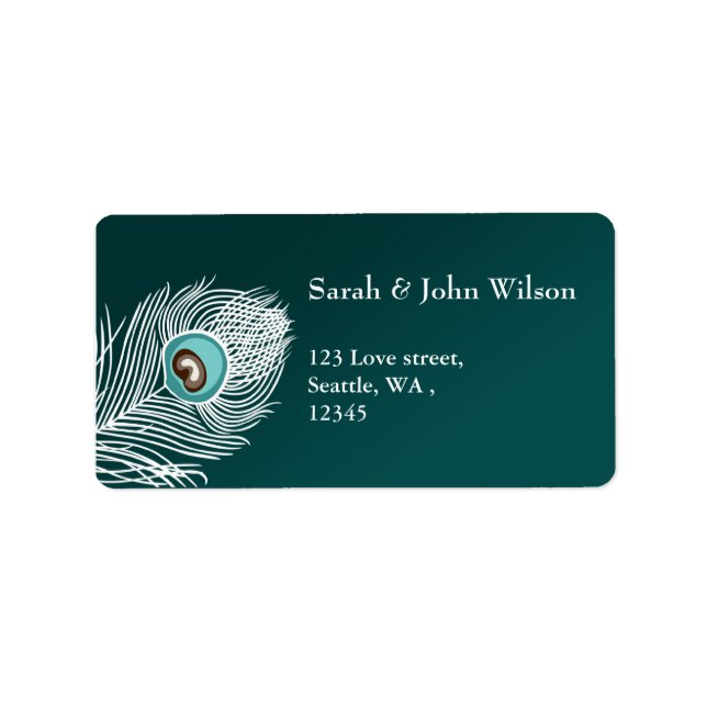 Elegant white and teal peacock address label (Front)
