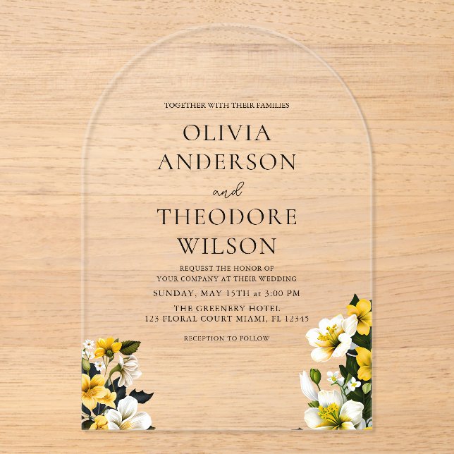 Elegant White and Yellow Floral Wedding Acrylic Invitations (Front)