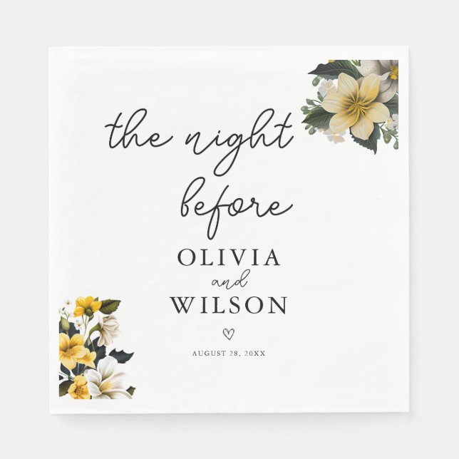 Elegant White and Yellow Floral Wedding Cocktail Napkin (Front)