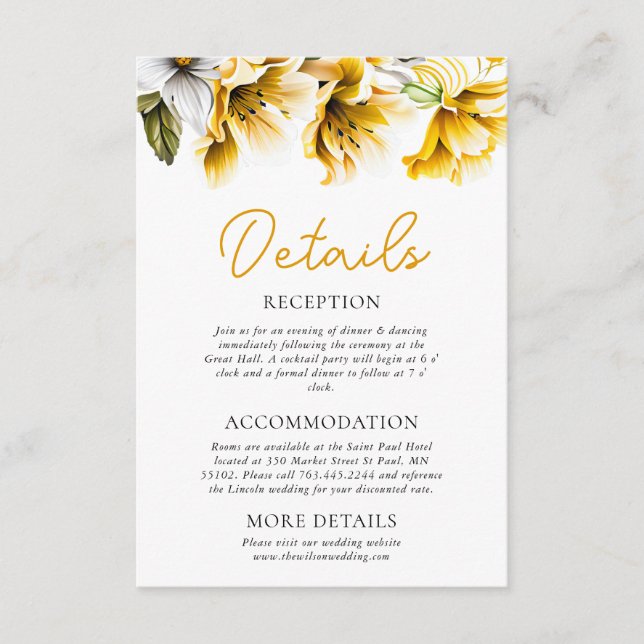 Elegant White and Yellow Floral Wedding Details Enclosure Card (Front)
