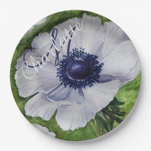 ELEGANT WHITE ANEMONE MONOGRAM PARTY PAPER PLATE