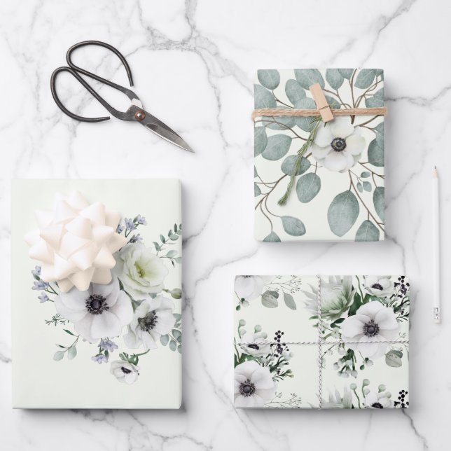 Elegant White Anemone Protea Eucalyptus Romantic Wrapping Paper Sheet (Front)