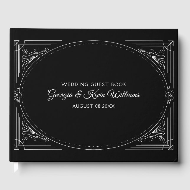 Elegant White Art Deco frame custom text Guest Book (Front)