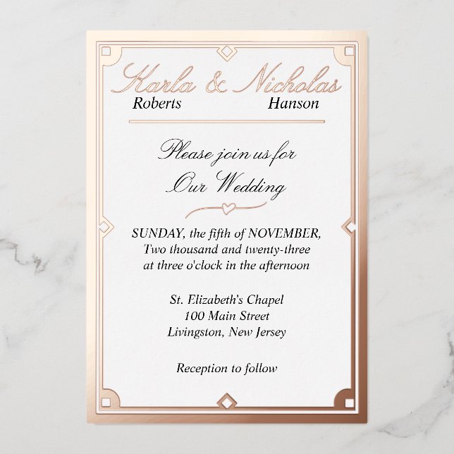 Elegant White Art Deco Wedding. Rose Gold Foil Inv (Front)