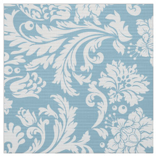 Elegant White & Baby Blue Floral Damasks Fabric
