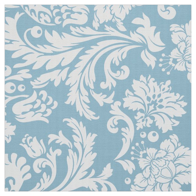 Elegant White & Baby Blue Floral Damasks Fabric (Swatch)