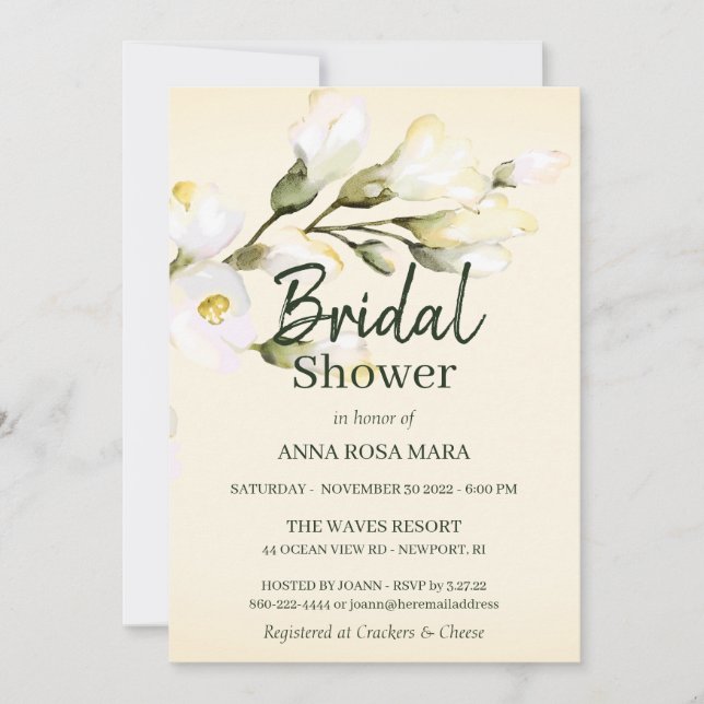 *~* Elegant White Beach Rose Floral Bridal Shower Invitation (Front)