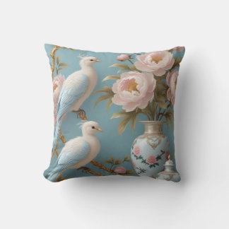 Elegant White Birds and Peonies on Golden Branches Cushion
