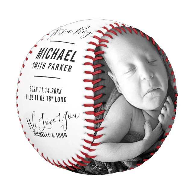 Elegant White Birth Announcement 2 Photos Name Baseball (Angled)
