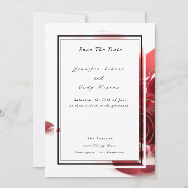 Elegant White Black Accents with Red Roses Wedding Save The Date (Front)
