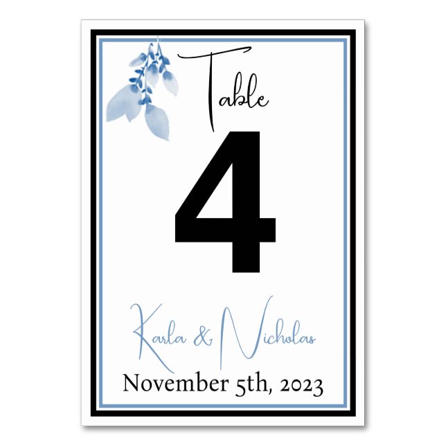 Elegant White, Black, & Blue Wedding Table Number (Front)
