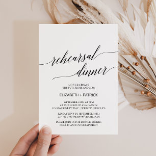 Elegant White & Black Calligraphy Rehearsal Dinner Invitation