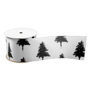 Elegant White Black Christmas Tree Pattern Satin Ribbon