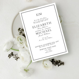 Elegant White Black Classic Monogram Wedding Invitation