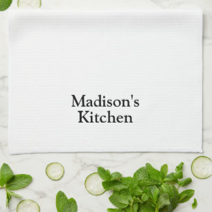 Elegant white black custom name text monogram tea towel