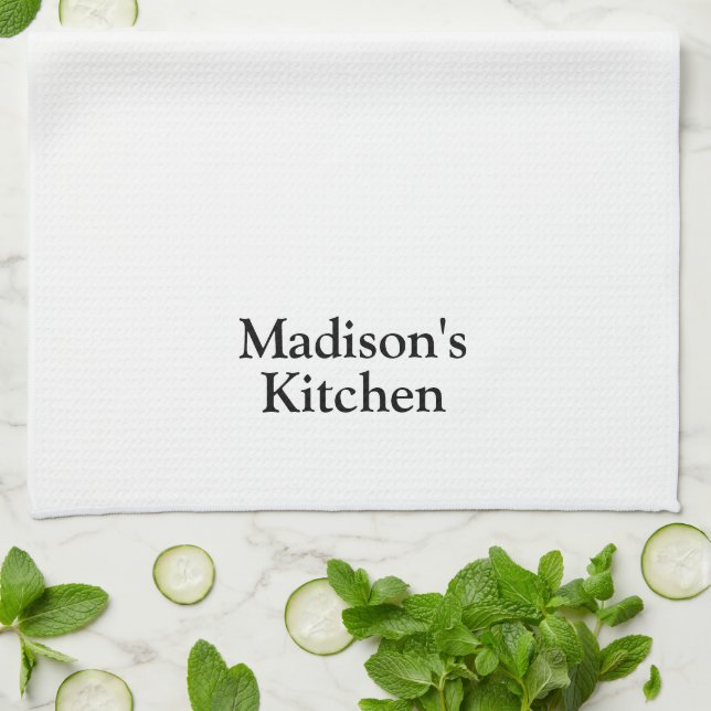 Elegant white black custom name text monogram tea towel (Folded)