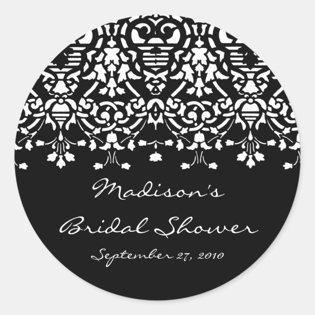 Elegant White & Black Damask Bridal Shower Sticker (Front)