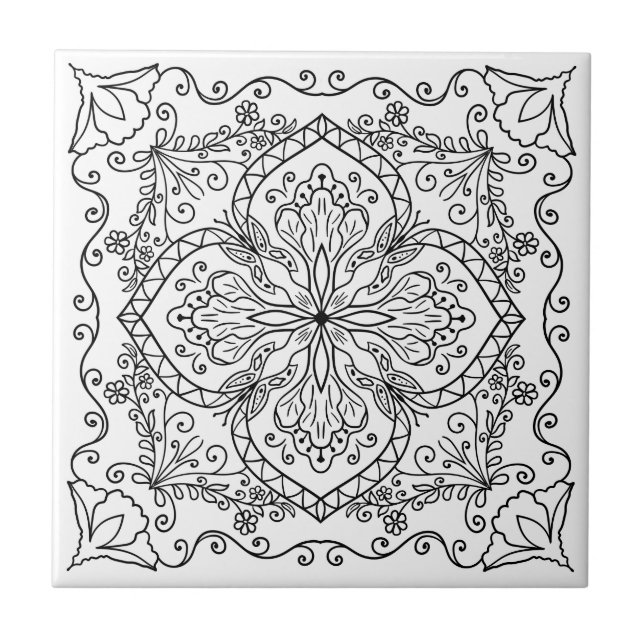 Elegant White Black Flowers Butterfly Decorative Ceramic Tile (Front)