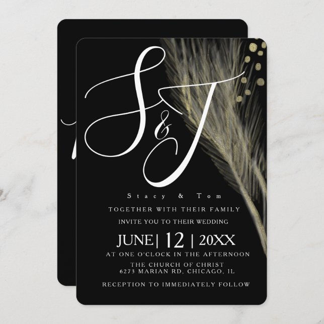 Elegant White Black Foil Pampas Wedding Suite Invitation (Front/Back)