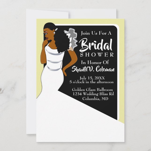 Elegant White, Black,Gold African American Bridal  Invitation (Front)