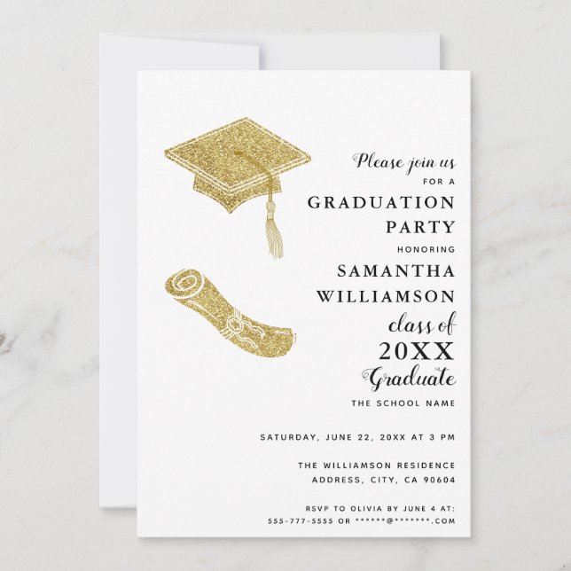 Elegant White Black Gold Grad Photo Graduation Invitation (Front)