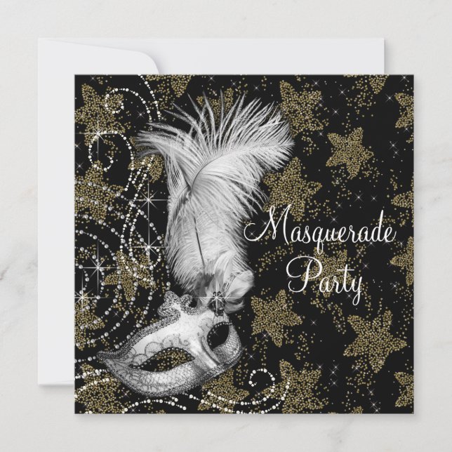 Elegant White Black Gold Masquerade Party Invitation (Front)