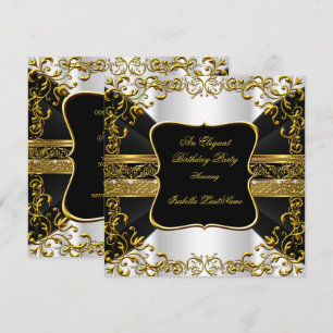 Elegant White Black Gold Ornate Birthday Party Invitation