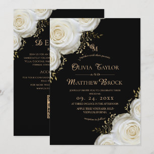 Elegant White Black Gold Roses Wedding Invitation