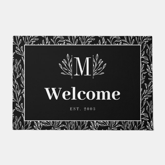 Elegant White Black Greenery Monogram Welcome Doormat (Front)
