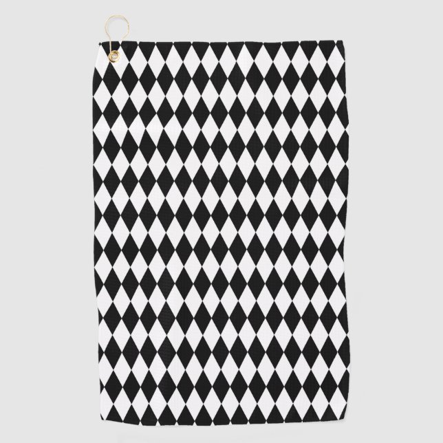 Elegant White Black Harlequin Geometric Rhombuses Golf Towel (Front)