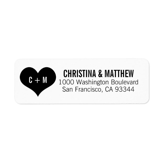Elegant White Black Heart Wedding Return Address Label (Front)