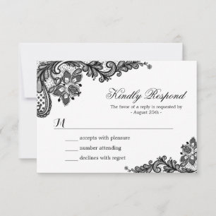 Elegant White Black Lace Classic Wedding RSVP Card