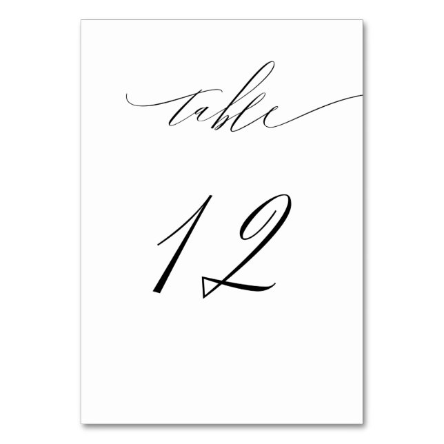 Elegant White Black Modern Script No 12 Wedding Table Number (Front)